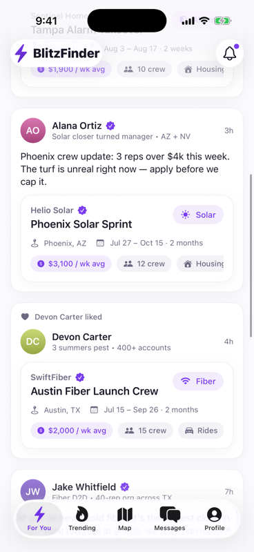 BlitzFinder version 1 — browse door-to-door sales roles